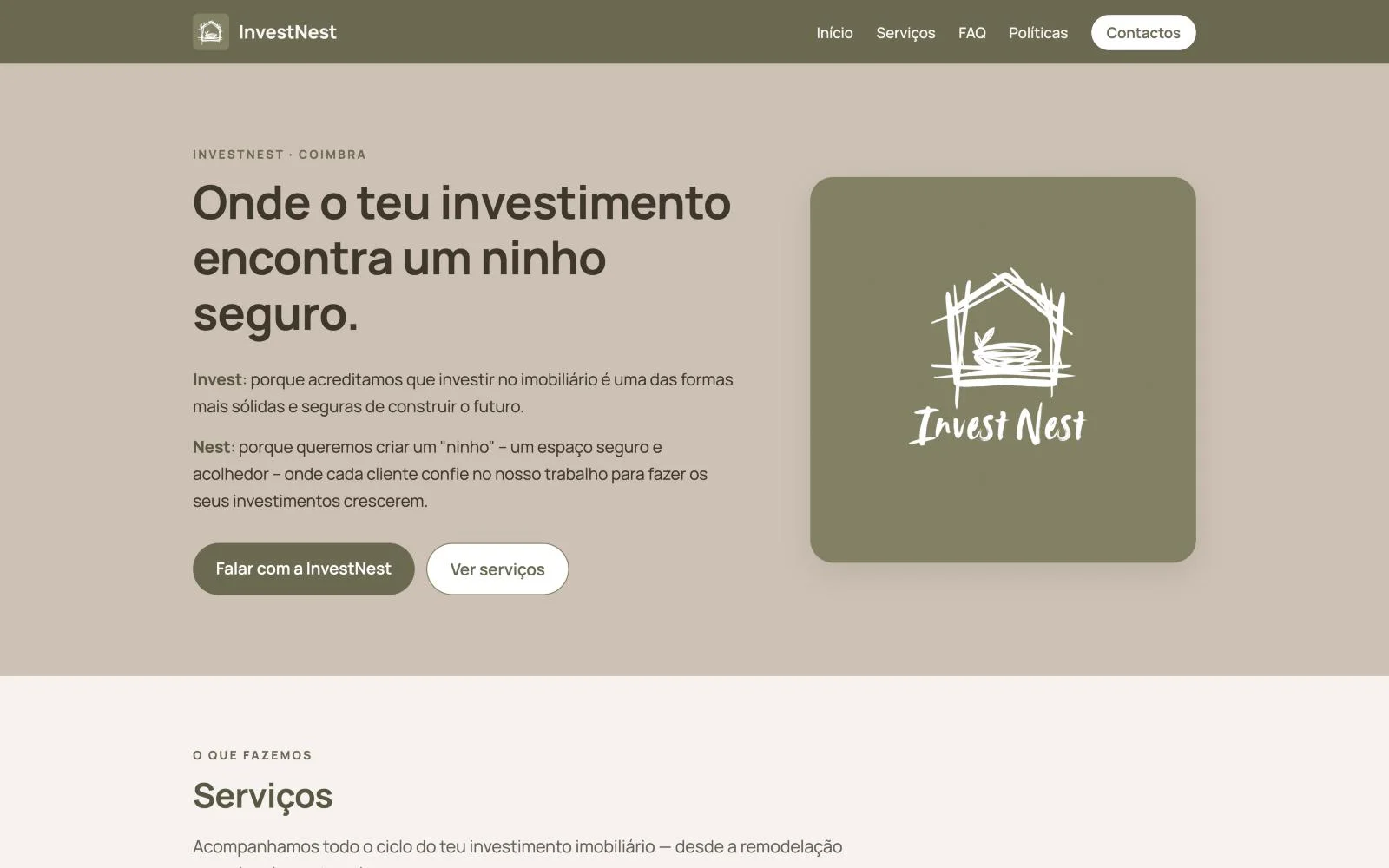 Página inicial do site InvestNest num ecrã de computador