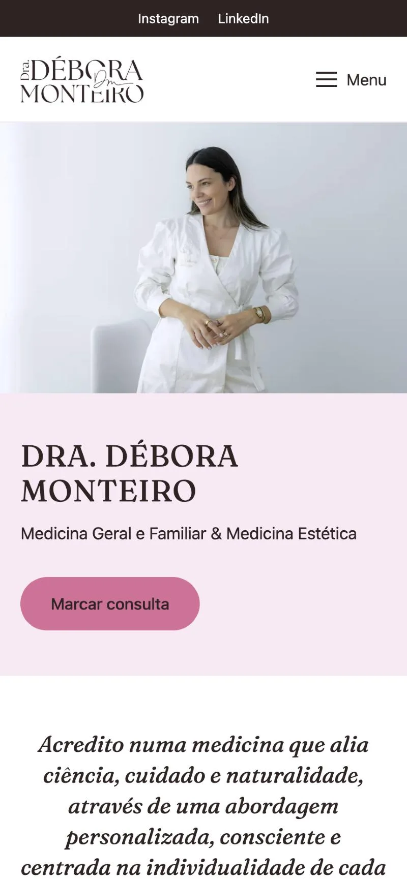 Site da Dra. Débora Monteiro visto num telemóvel